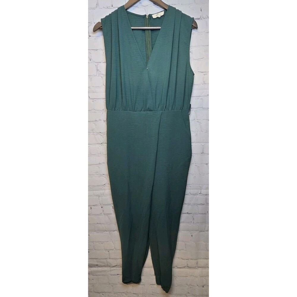 Entro One Piece Romper Sleeveless Size Med Green Back Zip Missing Belt V Neck